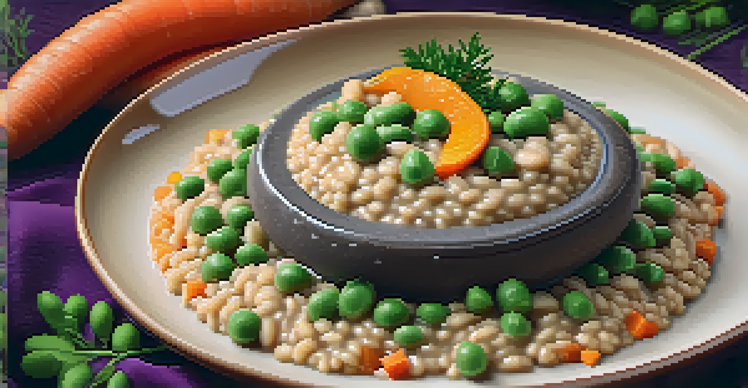A beautifully arranged vegan mushroom risotto on a plate, garnished with herbs and colorful vegetables.