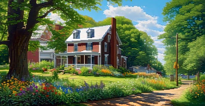 A peaceful 19th-century landscape of Amherst, Massachusetts, featuring a wooden house, lush trees, and wildflowers under a blue sky.