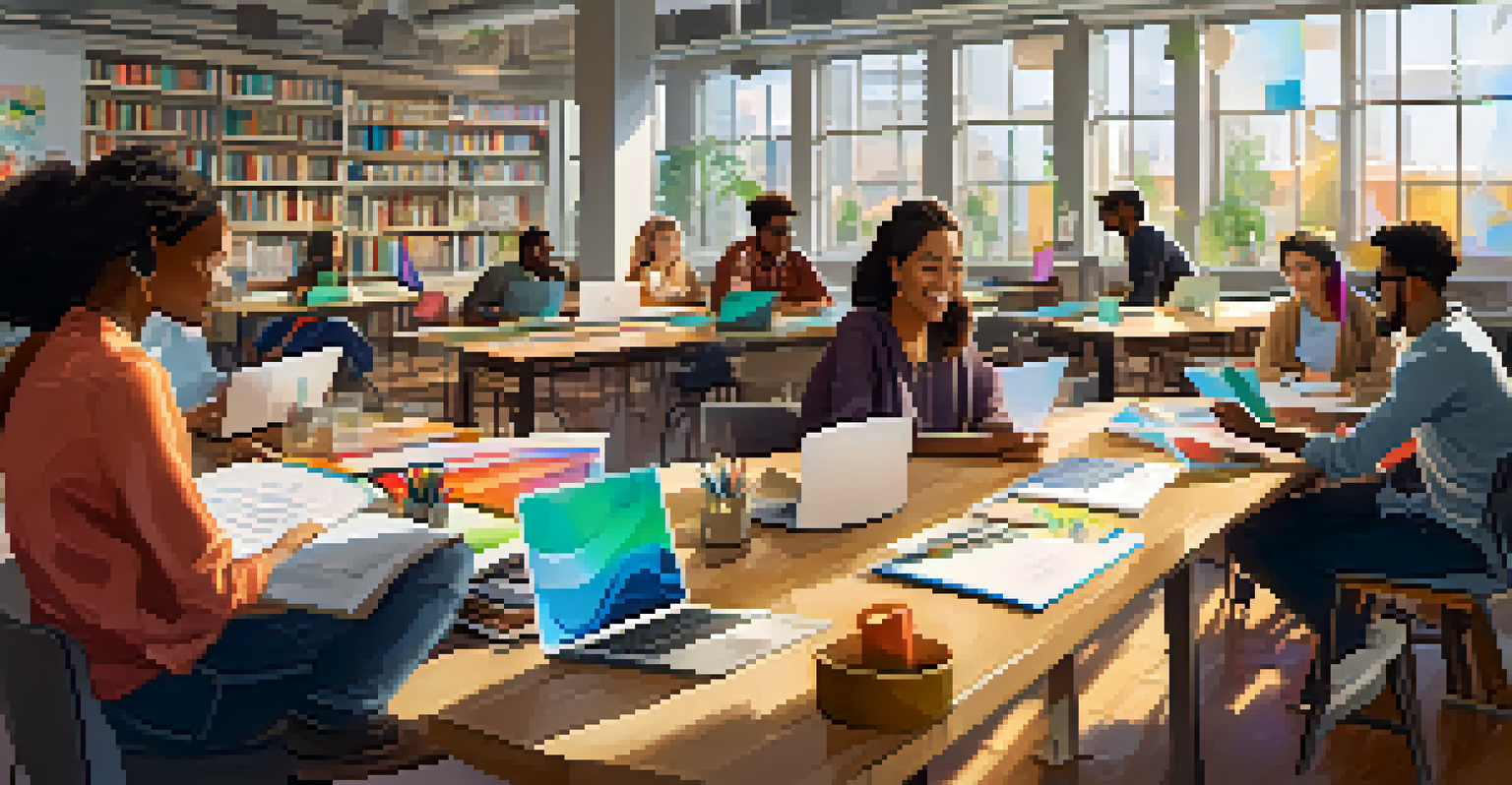 Diverse group of university students collaborating in a modern study space filled with books and laptops.