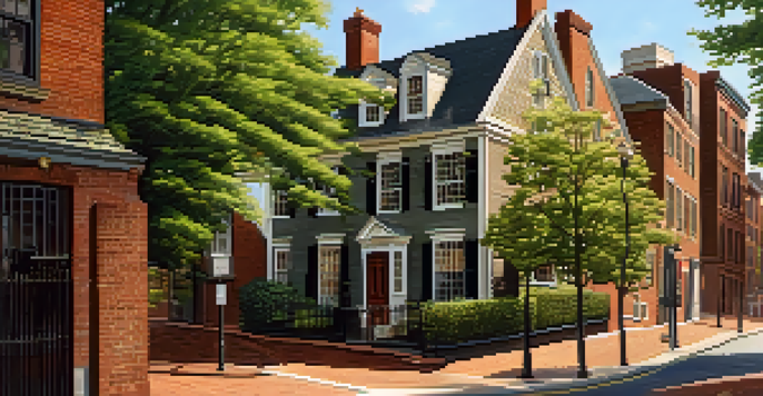 A view of the Paul Revere House with colonial architecture, cobblestone streets, and greenery, illuminated by warm sunlight.