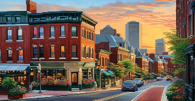 A scenic view of Boston's historic streets with brick buildings and a sunset skyline.