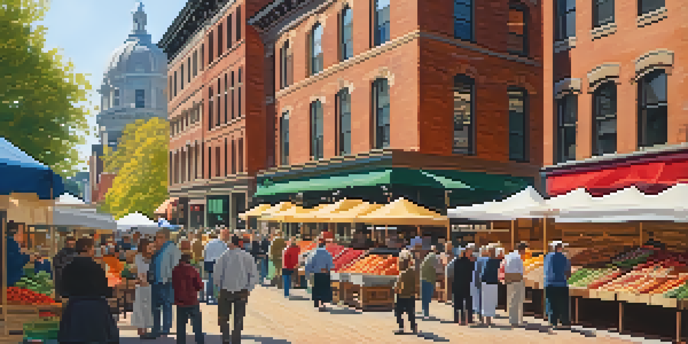 A lively market scene with vendors and customers surrounded by fresh produce and baked goods, under the warm glow of morning light.