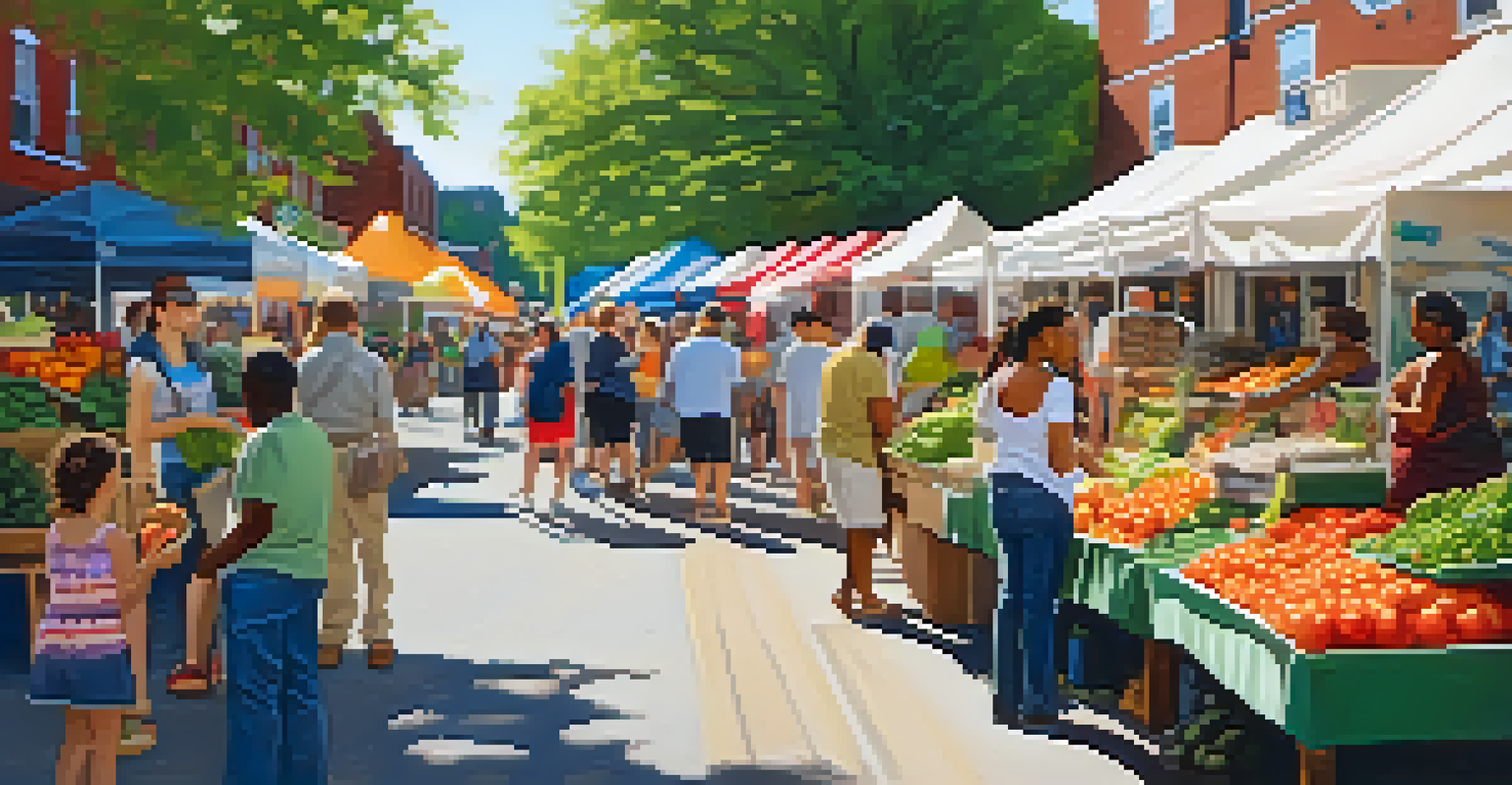 A lively farmers' market in Jamaica Plain with colorful stalls and residents enjoying the vibrant atmosphere.