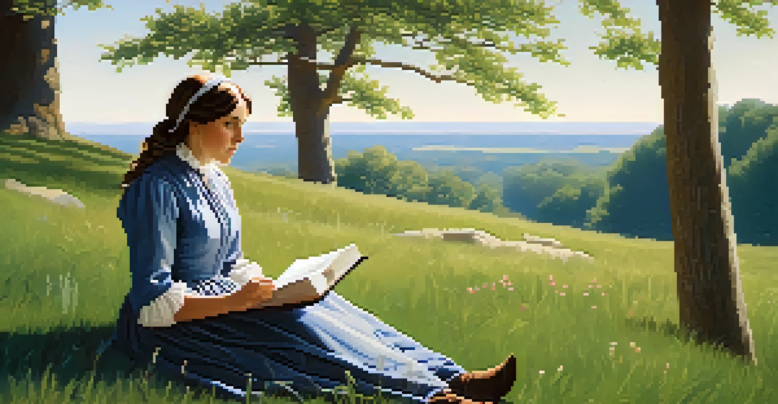 Louisa May Alcott sitting on a grassy hill with a notebook, surrounded by nature and looking thoughtfully into the distance.