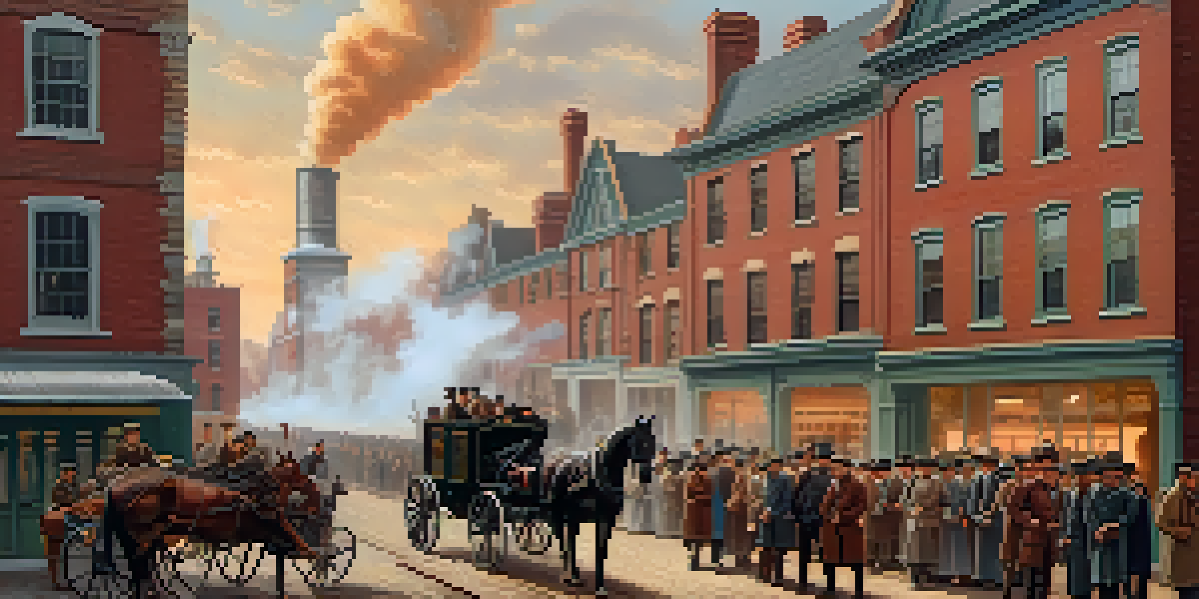 A historical depiction of 1800s Boston workers in period clothing outside a factory, with brick buildings and horse-drawn carriages.
