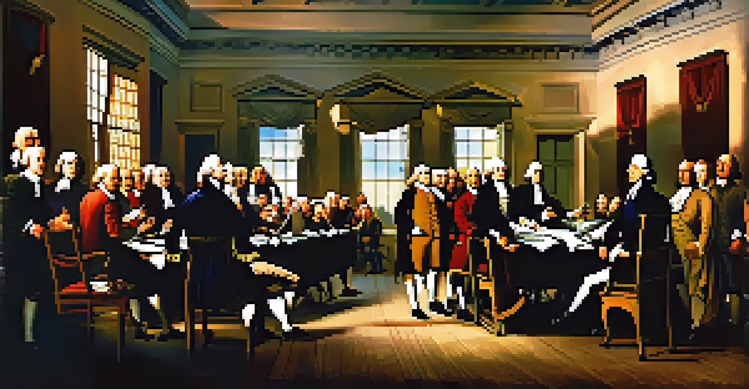 Delegates gathered at the First Continental Congress, discussing revolutionary ideas in a historical setting.