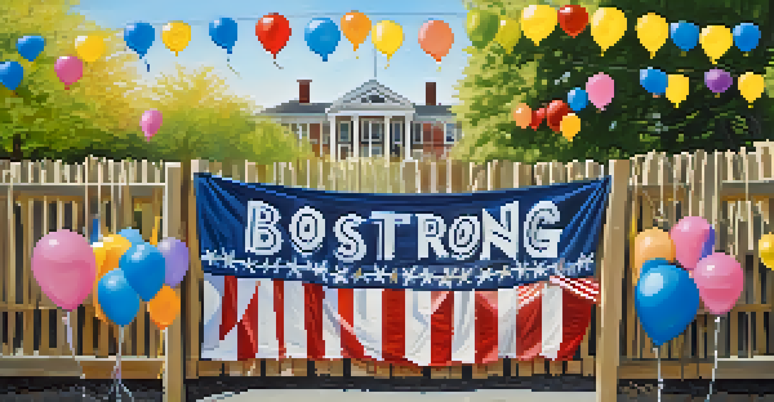 A close-up of a 'Boston Strong' banner decorated with messages of support, surrounded by vibrant balloons and flowers at a community event.