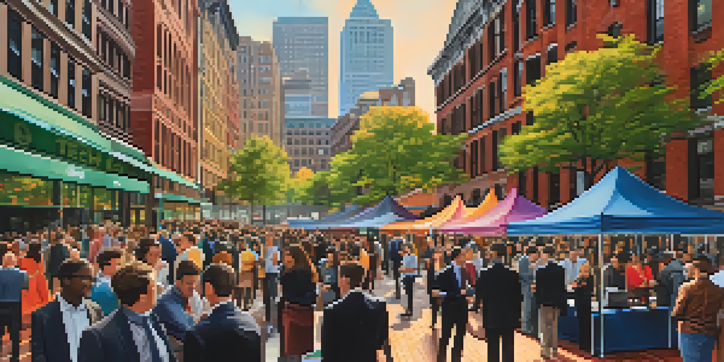 A lively networking event in Boston with diverse entrepreneurs interacting and sharing ideas, set against a backdrop of Boston's iconic buildings.