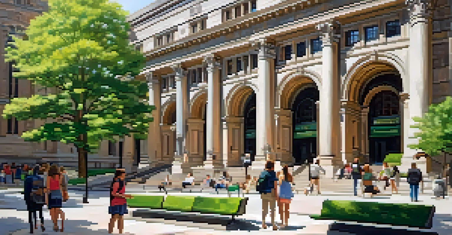 Outdoor view of the Boston Public Library in Copley Square with lush greenery and people relaxing.