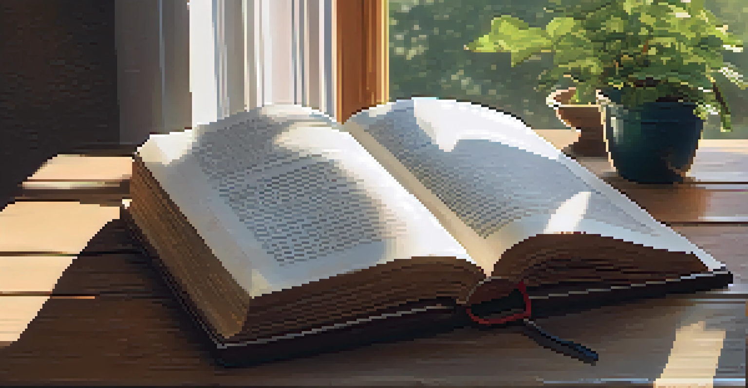An open book on a wooden table with sunlight filtering through a window, surrounded by plants.