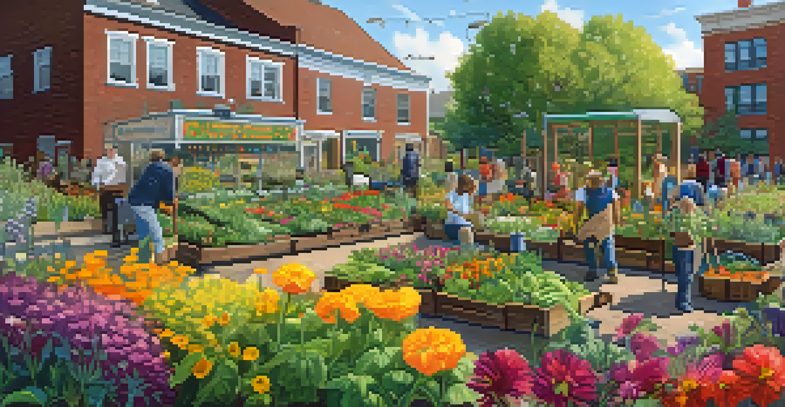 A lively community garden in Boston, showcasing colorful plants and people gardening together, with sunlight illuminating the space.