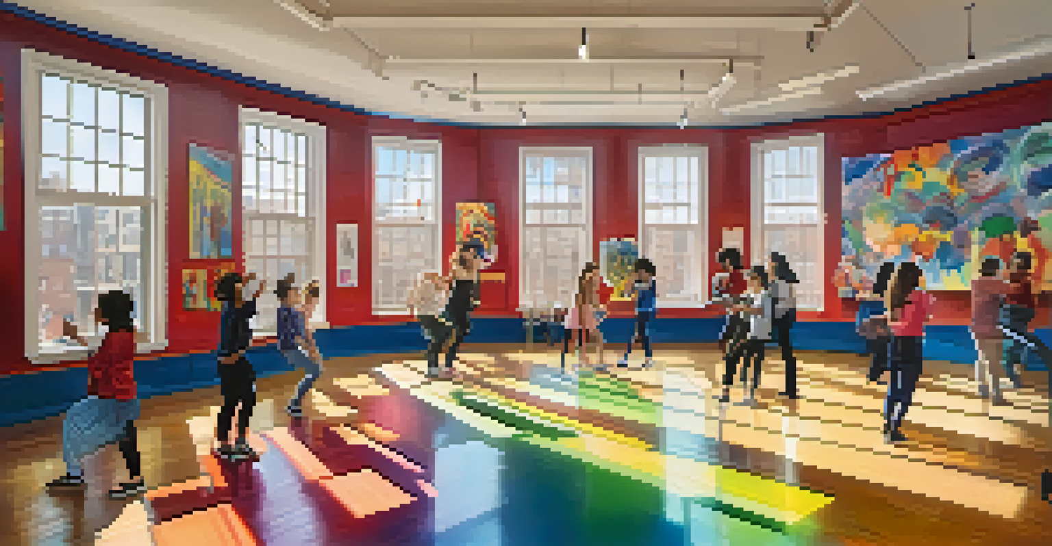 Students engaged in art activities in a bright studio filled with artwork and natural light.