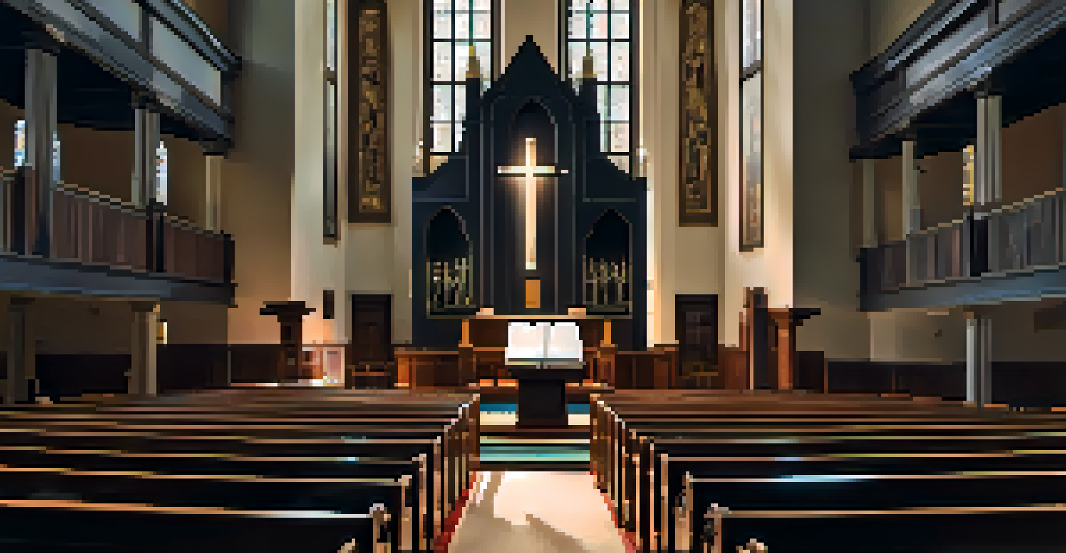 Close-up of a pulpit in a Black church with abolitionist literature and sunlight streaming through windows, highlighting the blend of faith and activism.