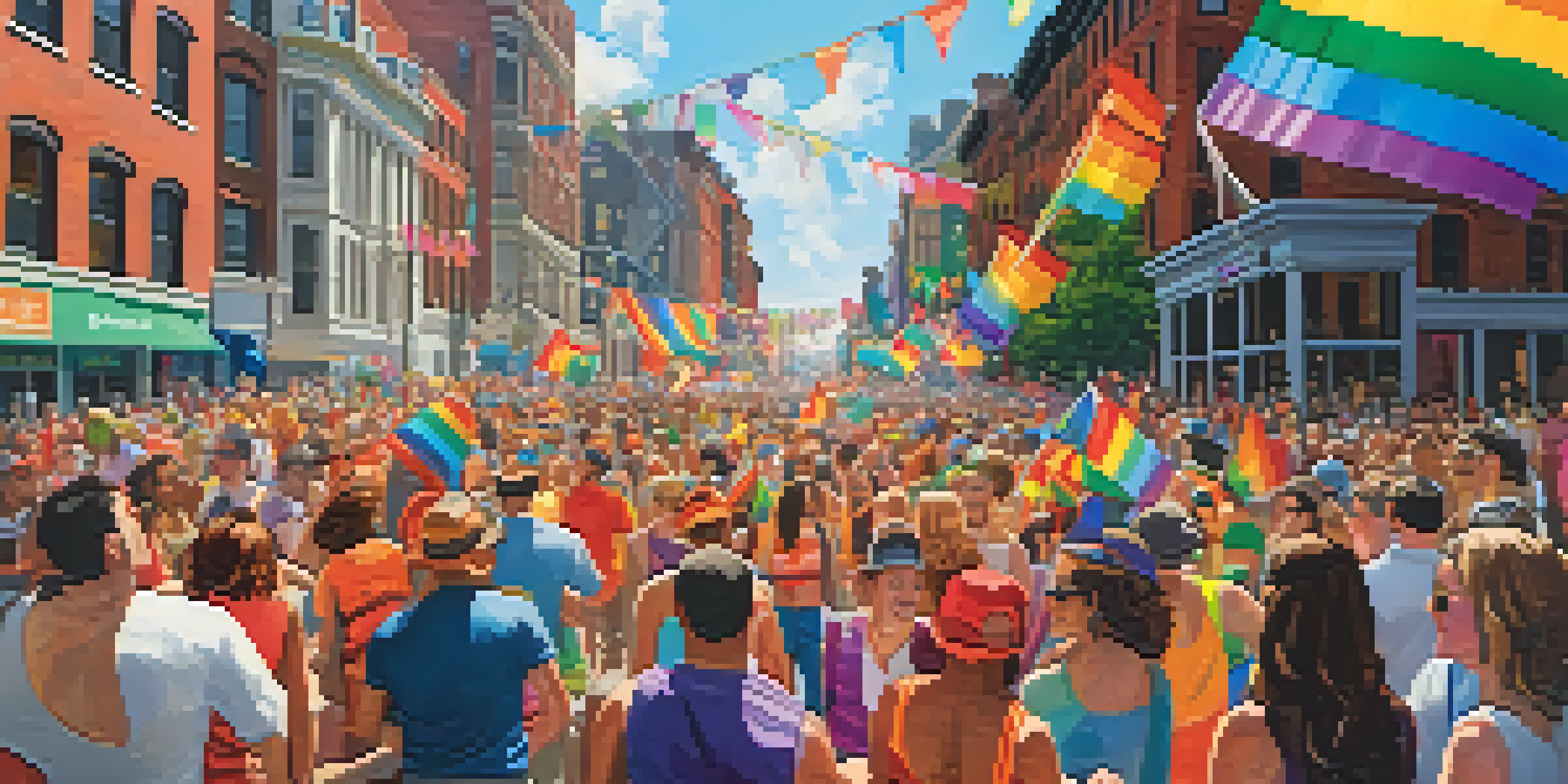 A lively street filled with diverse people celebrating at the Boston Pride Parade, wearing colorful clothing and holding rainbow flags, with historic buildings in the background.