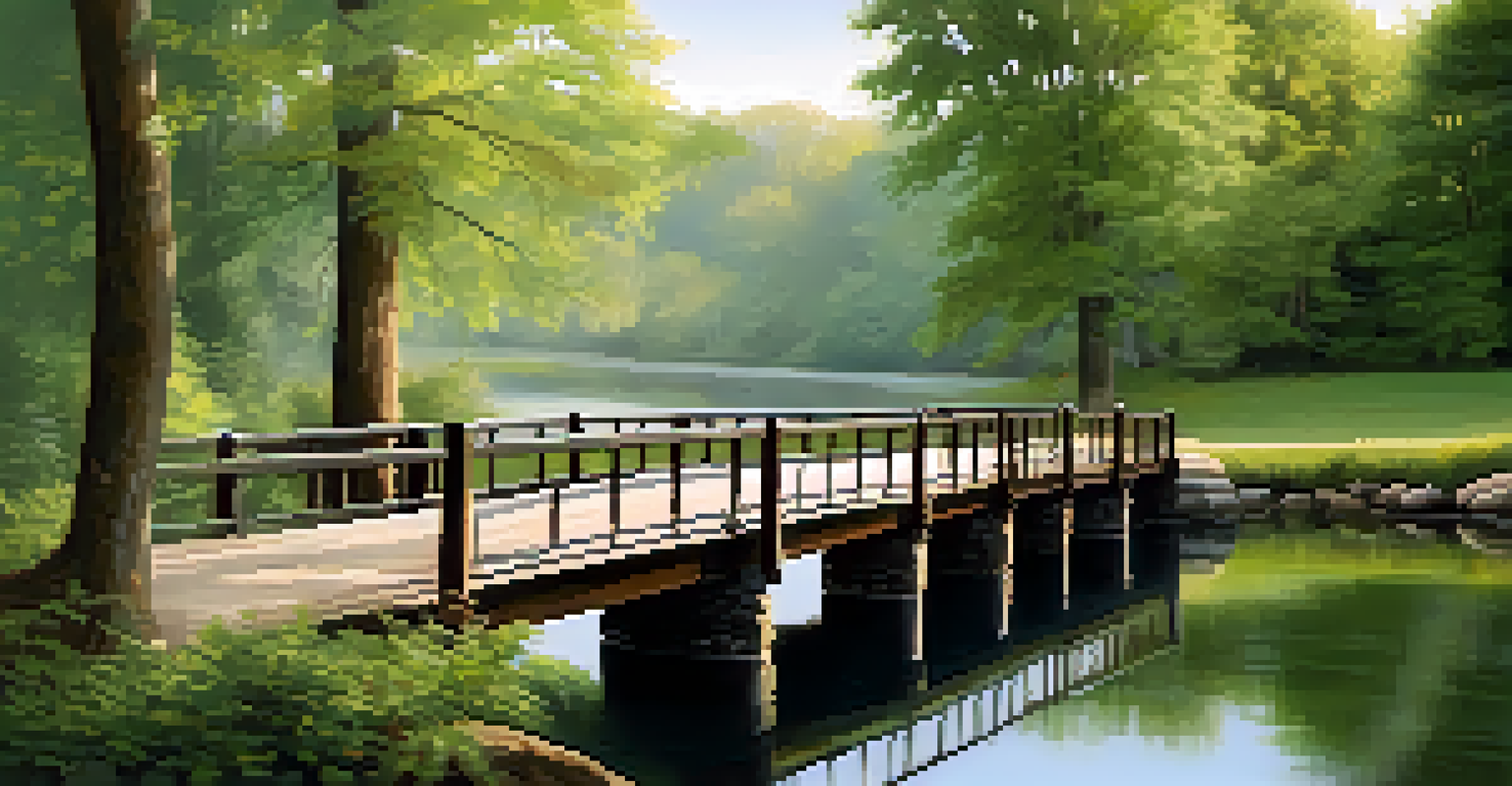 A peaceful scene of the Old North Bridge surrounded by greenery and mist over the river, symbolizing American history.