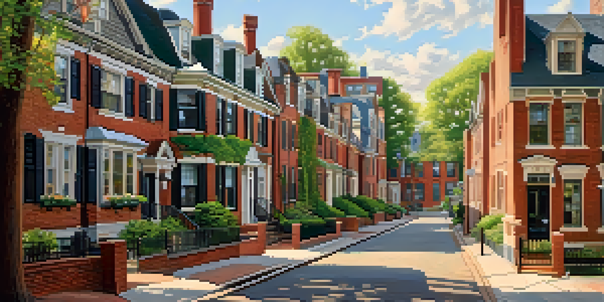 A picturesque colonial street in Boston with brick houses and lush trees, illuminated by warm afternoon light.