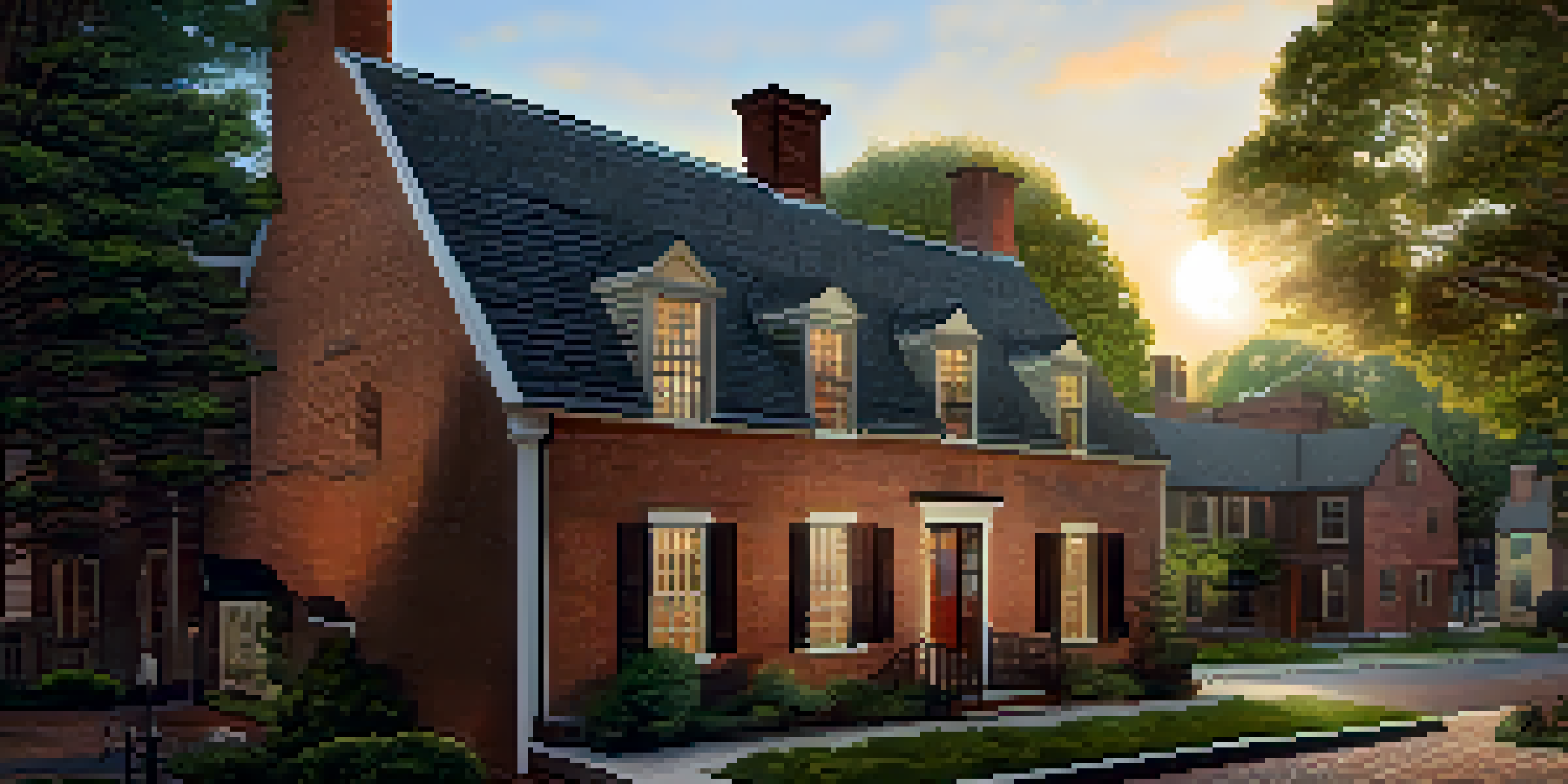 A view of the Paul Revere House in Boston, featuring colonial architecture, warm sunlight, and visitors exploring the site.