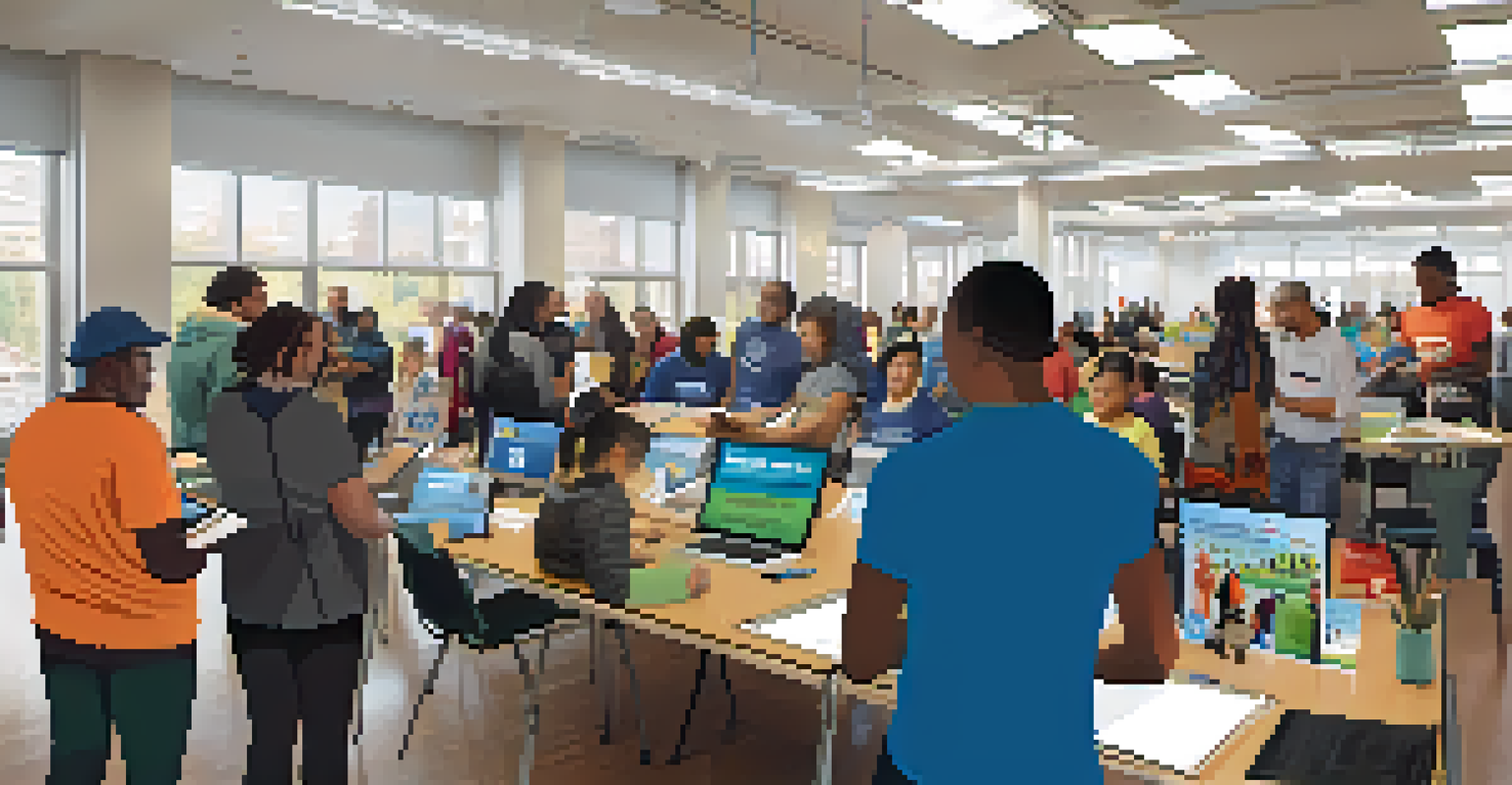 Residents participating in a digital volunteer sign-up event in a Boston community center.