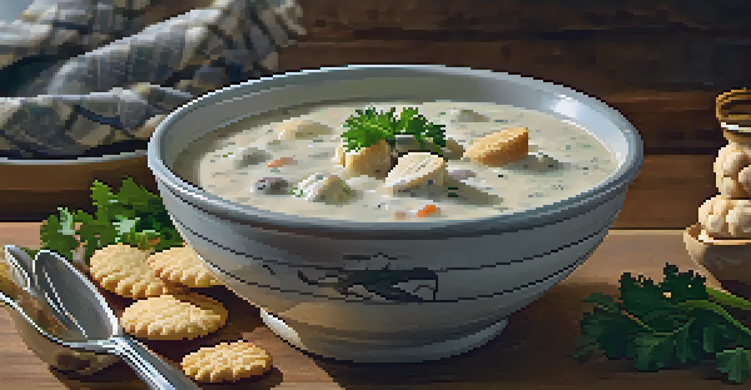 A close-up of creamy New England clam chowder in a rustic bowl, garnished with parsley and oyster crackers.