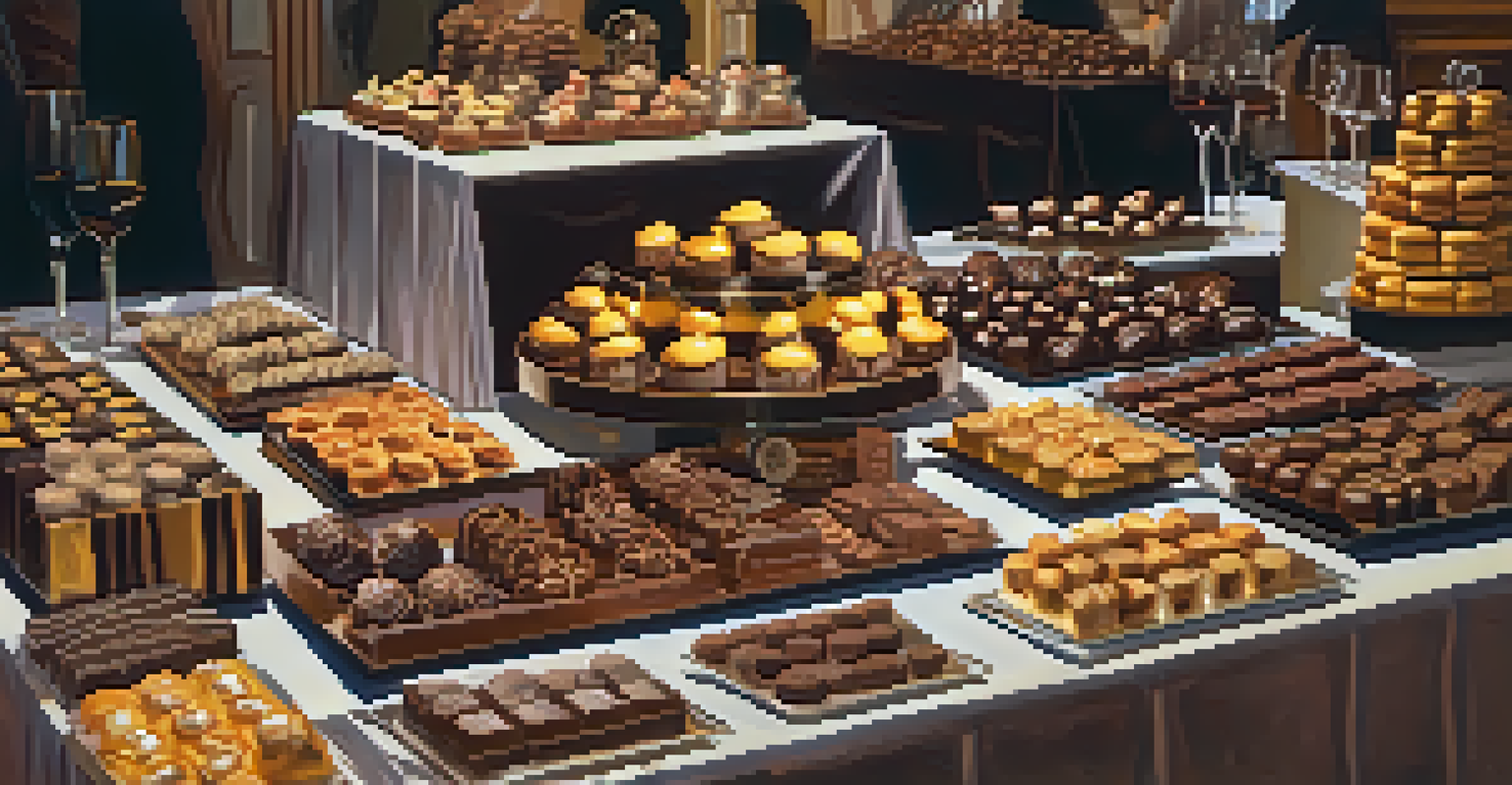 A delightful display of artisanal chocolates and pastries at a chocolate festival, with visitors participating in chocolate-making workshops in a warmly lit environment.