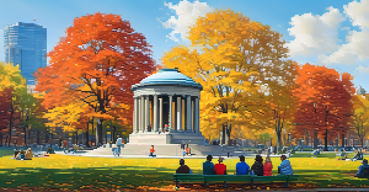 An autumn scene in Boston Common with colorful leaves and families enjoying picnics. The Soldiers and Sailors Monument is visible in the background.