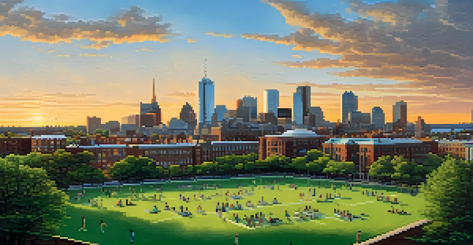 A panoramic view of Boston's skyline with universities, showcasing a mix of historic and modern architecture at sunset.