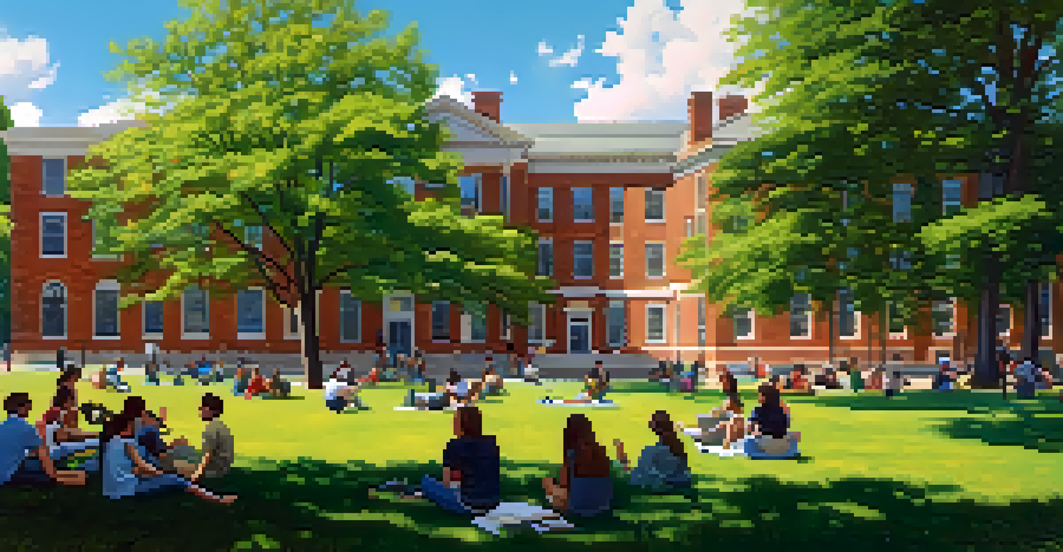 A vibrant university campus in Boston with diverse students studying and socializing outdoors.