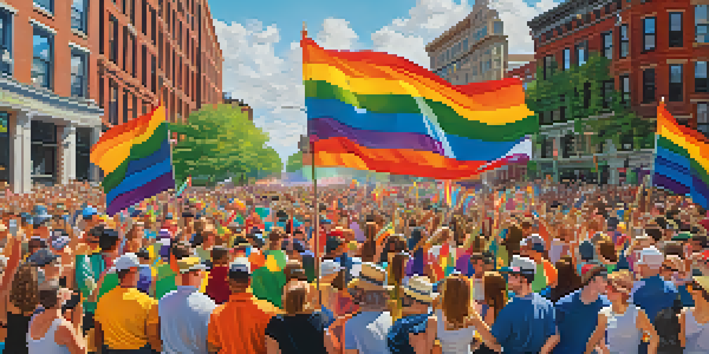 A lively Pride parade in Boston featuring a diverse crowd celebrating with rainbow flags and colorful costumes, set against a sunny backdrop of Boston's architecture.