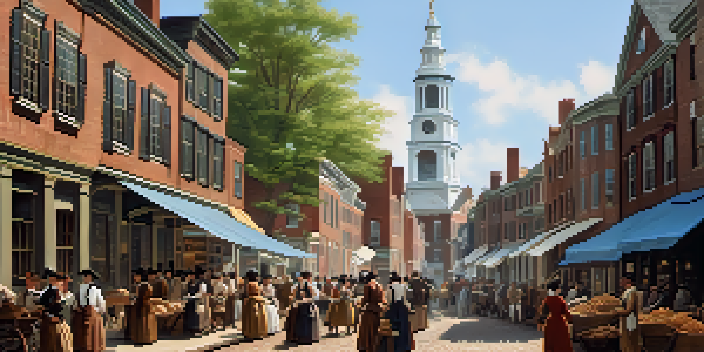 A lively street scene in 1760s Boston, with colonial architecture, cobblestone streets, and people discussing revolutionary ideas.