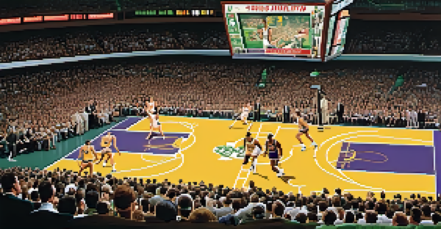 An intense basketball game between the Boston Celtics and Los Angeles Lakers in the 1960s with iconic players in mid-action and a close scoreboard.