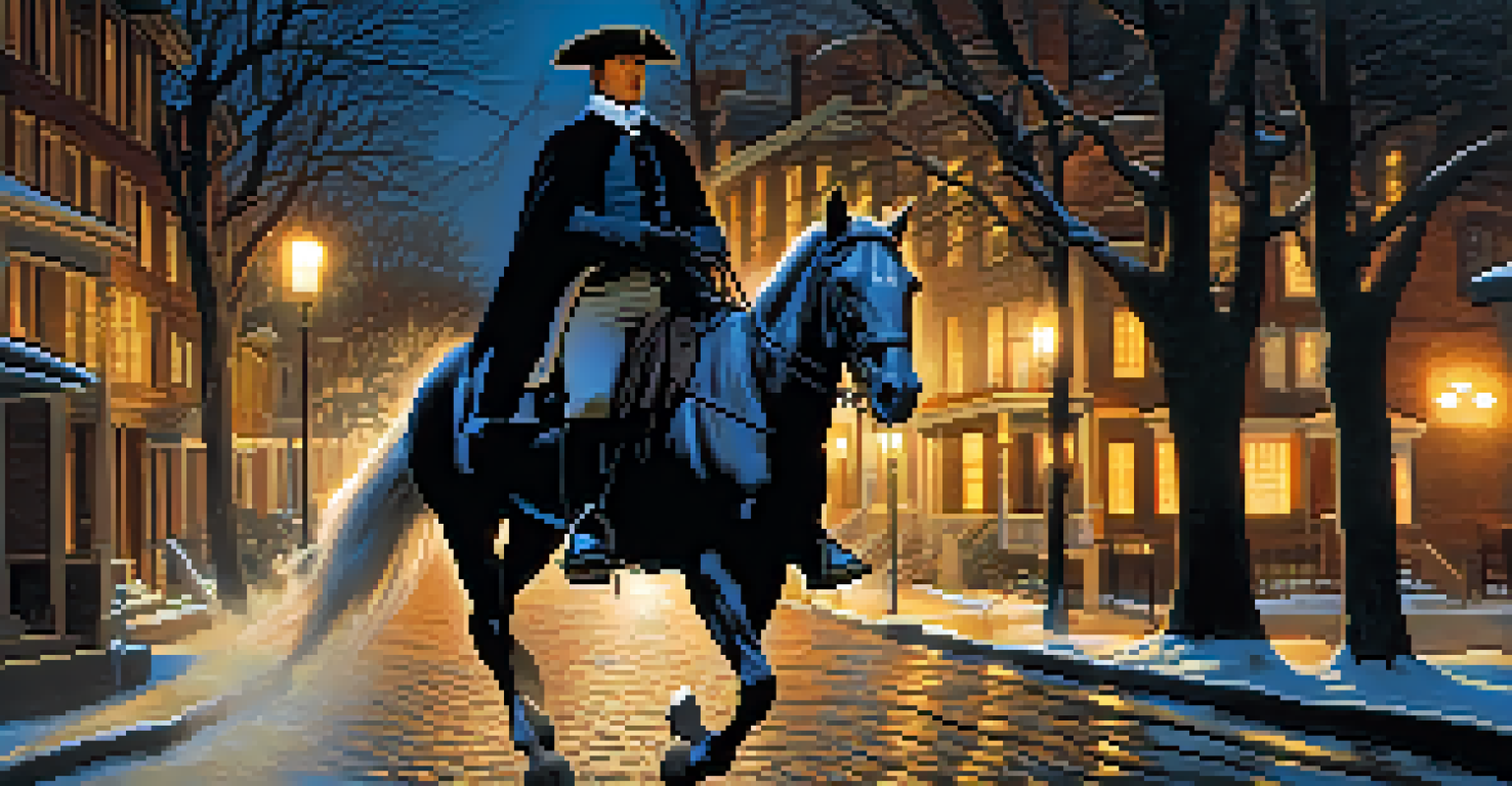 Paul Revere riding on horseback through a dimly lit Boston street at night, with moonlight illuminating his determined face.