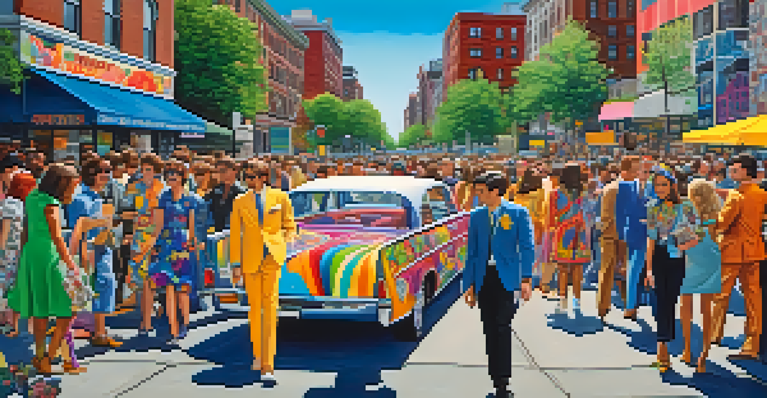 A colorful street scene in Boston during the 1960s, featuring individuals in psychedelic fashion with bell-bottoms and tie-dye shirts, celebrating diversity and individual expression.