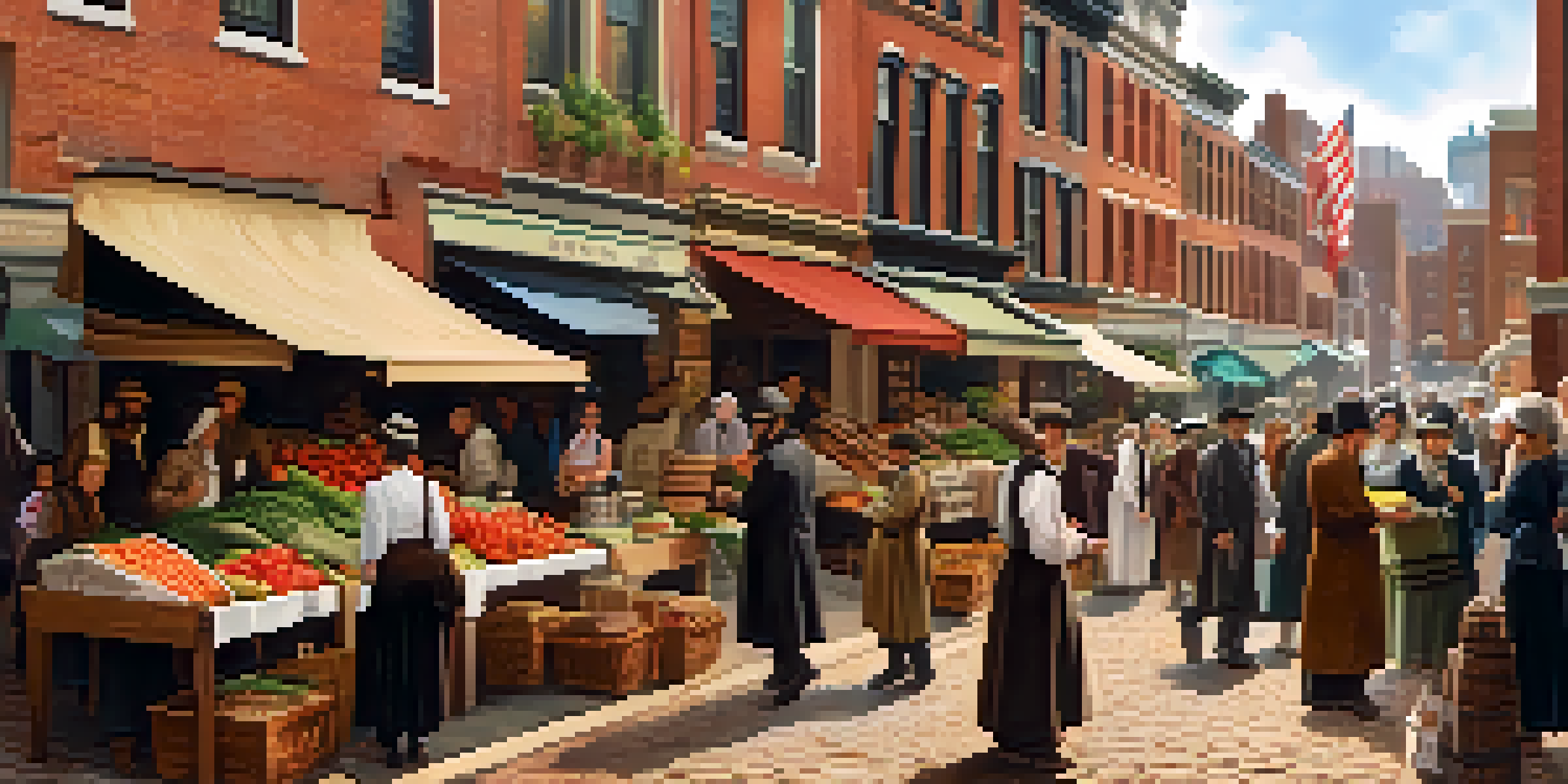A lively marketplace scene in 19th century Boston showcasing the Jewish community, with vendors and historical buildings.