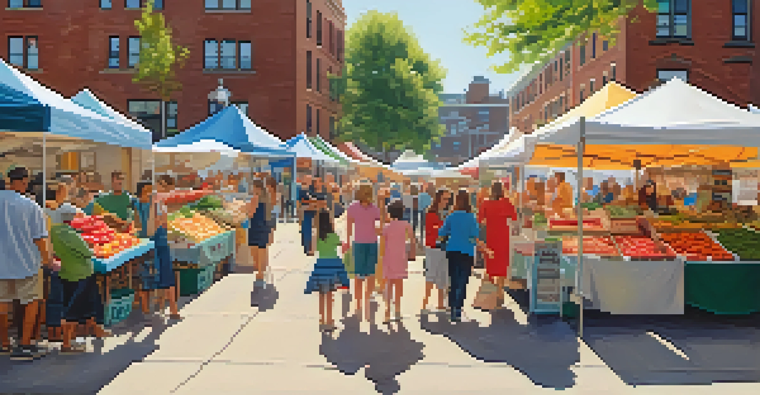 A lively farmers' market in South End with colorful stalls, fresh produce, and families enjoying the community atmosphere.
