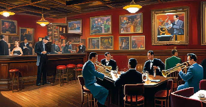 A vibrant 1950s Boston jazz club scene with musicians playing and patrons enjoying the atmosphere.