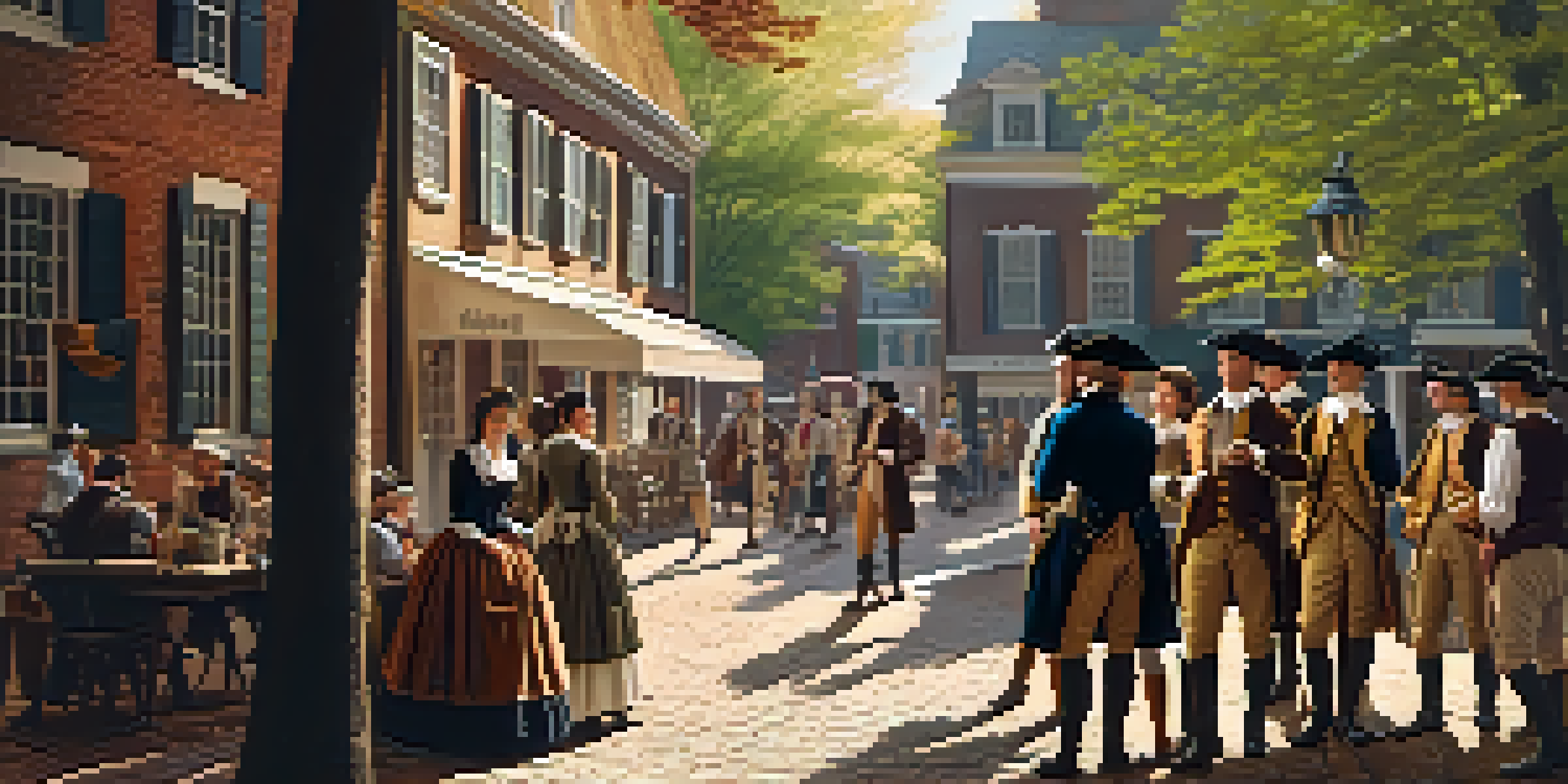 A lively street scene in 18th-century Boston with people in colonial attire gathered outside a coffeehouse, bathed in warm sunlight.