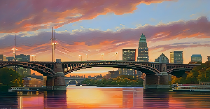 A picturesque sunset view of the Longfellow Bridge with vibrant colors in the sky and reflections in the river.