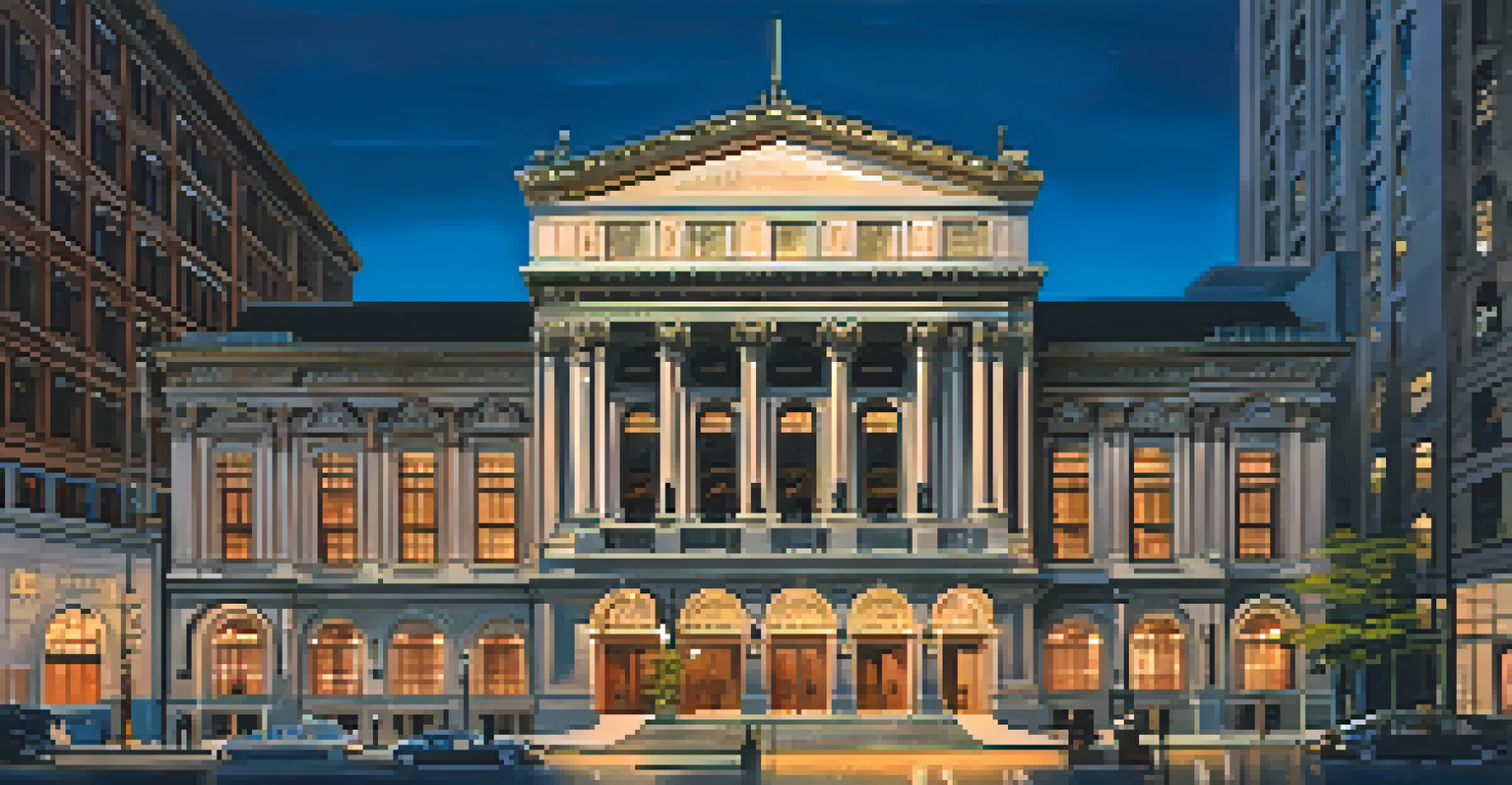 The illuminated façade of the Boston Opera House at dusk, showcasing its classic architecture.