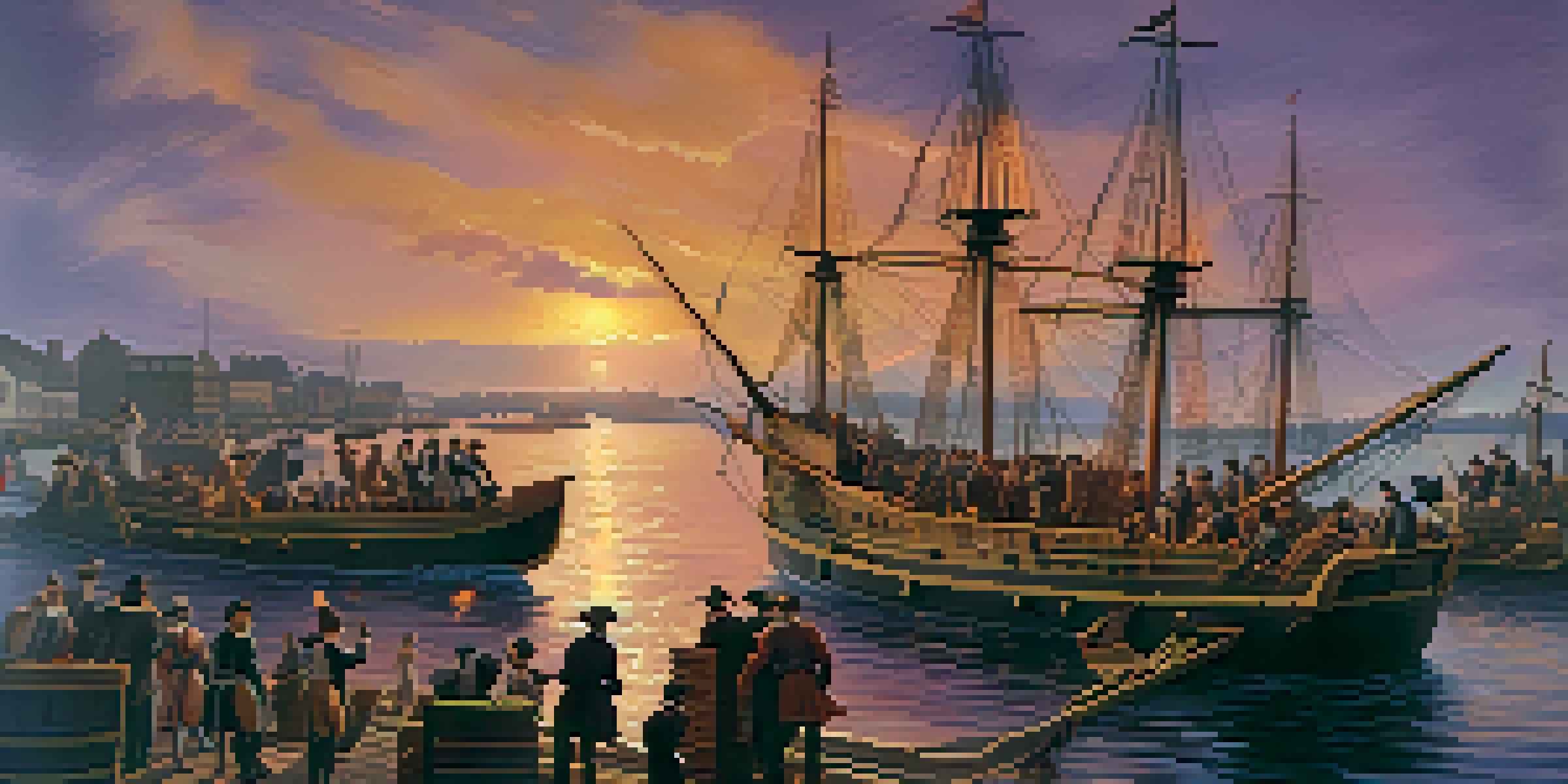 A colorful depiction of the Boston Tea Party, showing colonists in historical costumes throwing tea crates into the harbor at sunset.