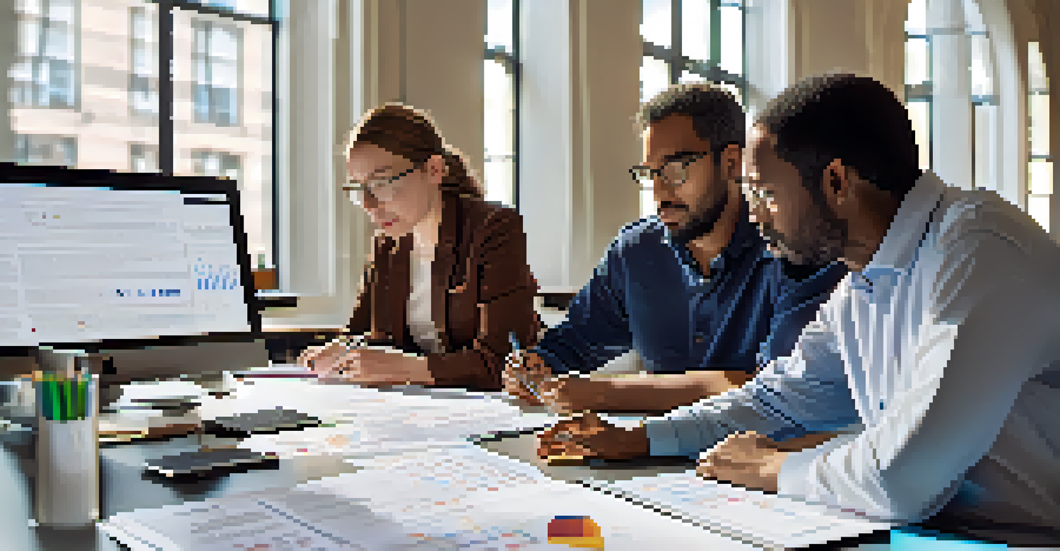 Close-up of a group of diverse university researchers discussing over a table with research papers and laptops, in a bright room with natural light.