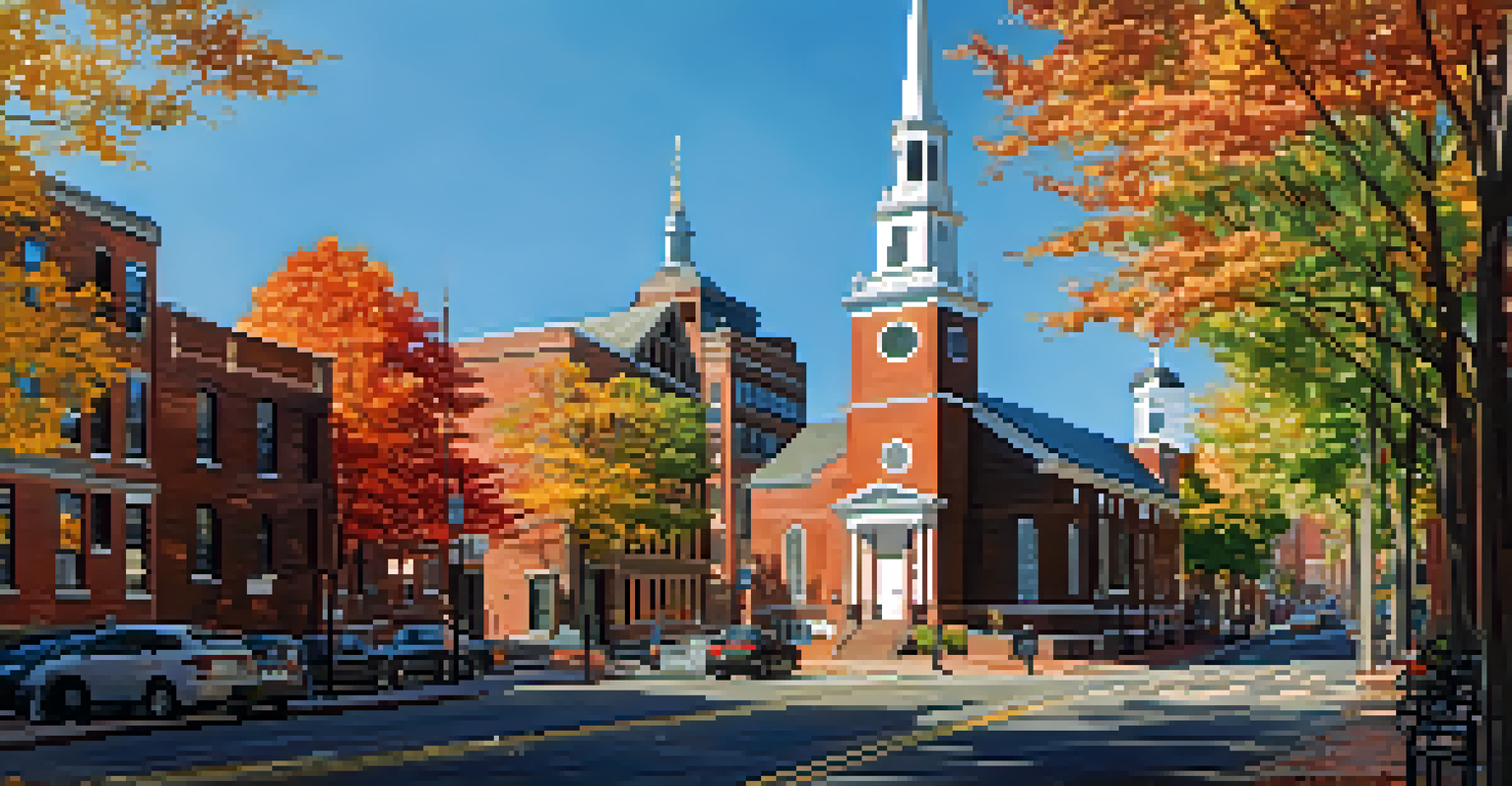 The Old North Church in Boston with its elegant steeple and surrounded by autumn foliage.