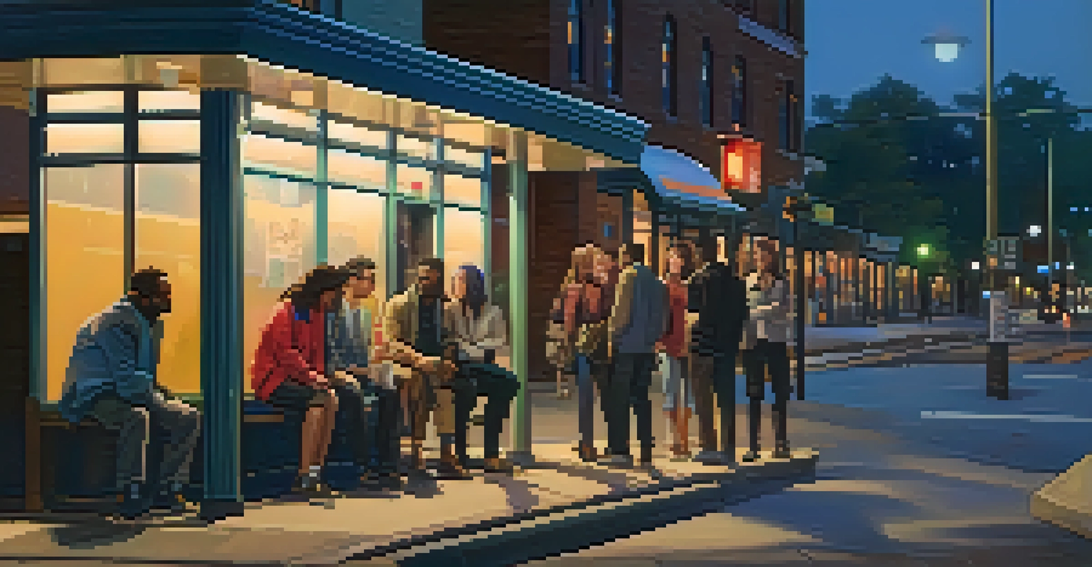 A group of friends at a well-lit bus stop during dusk, surrounded by other commuters and warm streetlights.