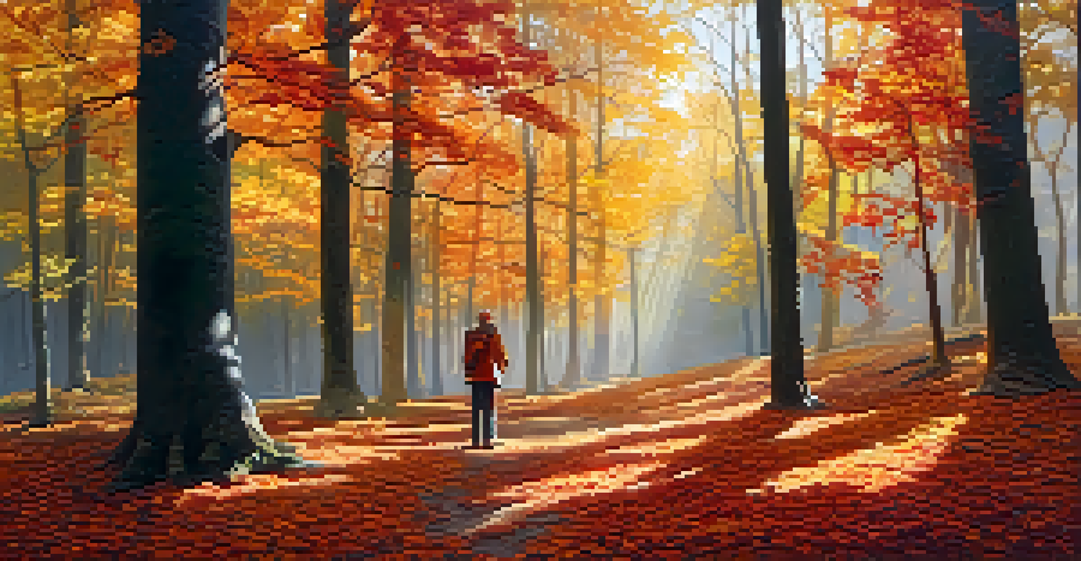 A person standing in an autumn forest with colorful leaves and sunlight filtering through the trees.