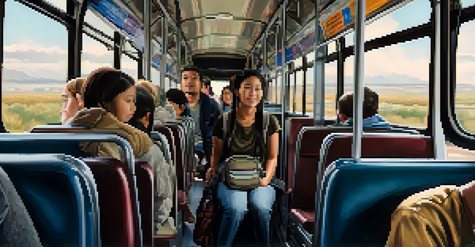 A person on a crowded bus holding a zipped backpack, surrounded by other passengers in a well-lit interior.