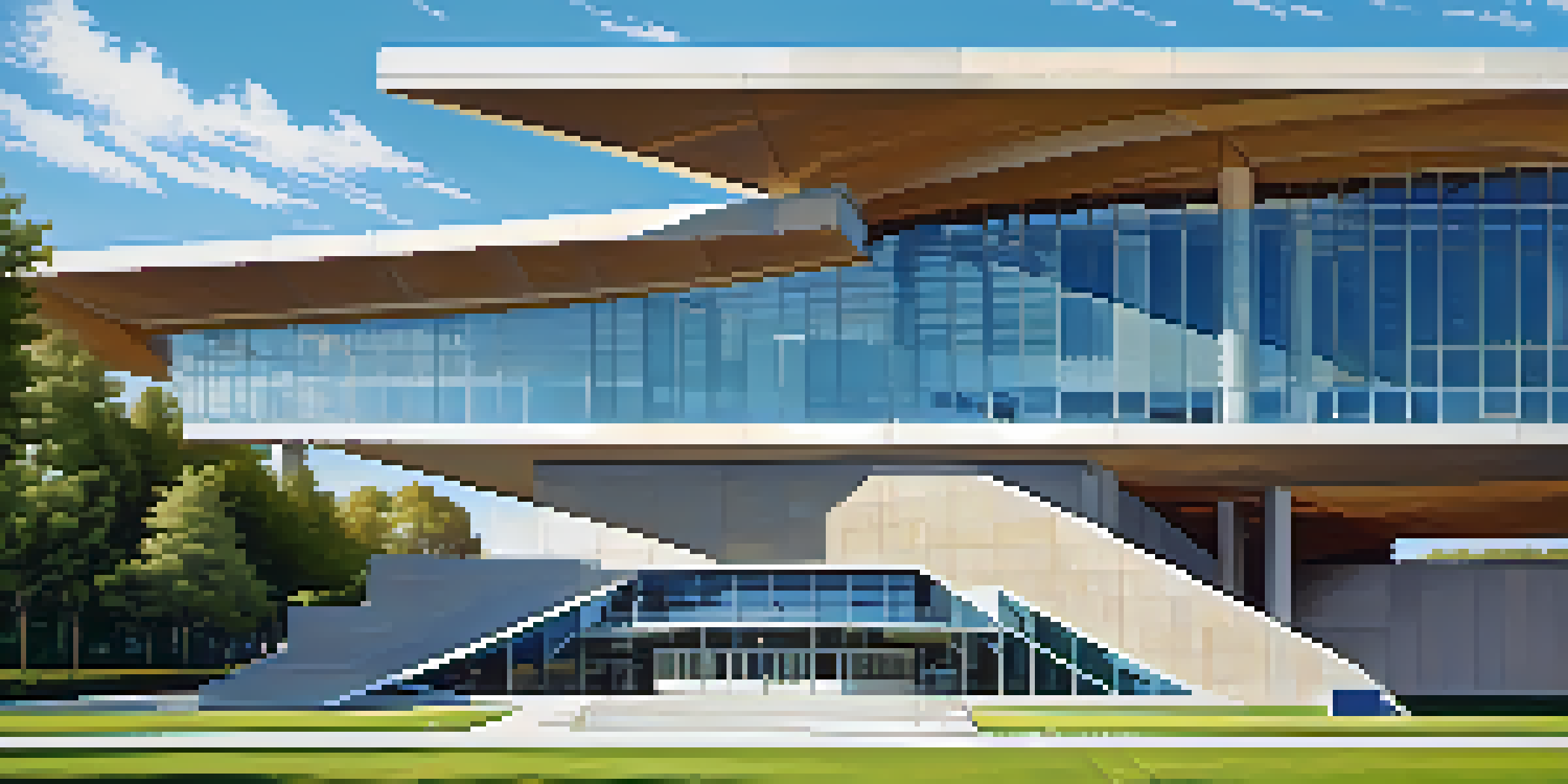 A view of the John F. Kennedy Presidential Library with modern architecture, surrounded by greenery under a clear blue sky.
