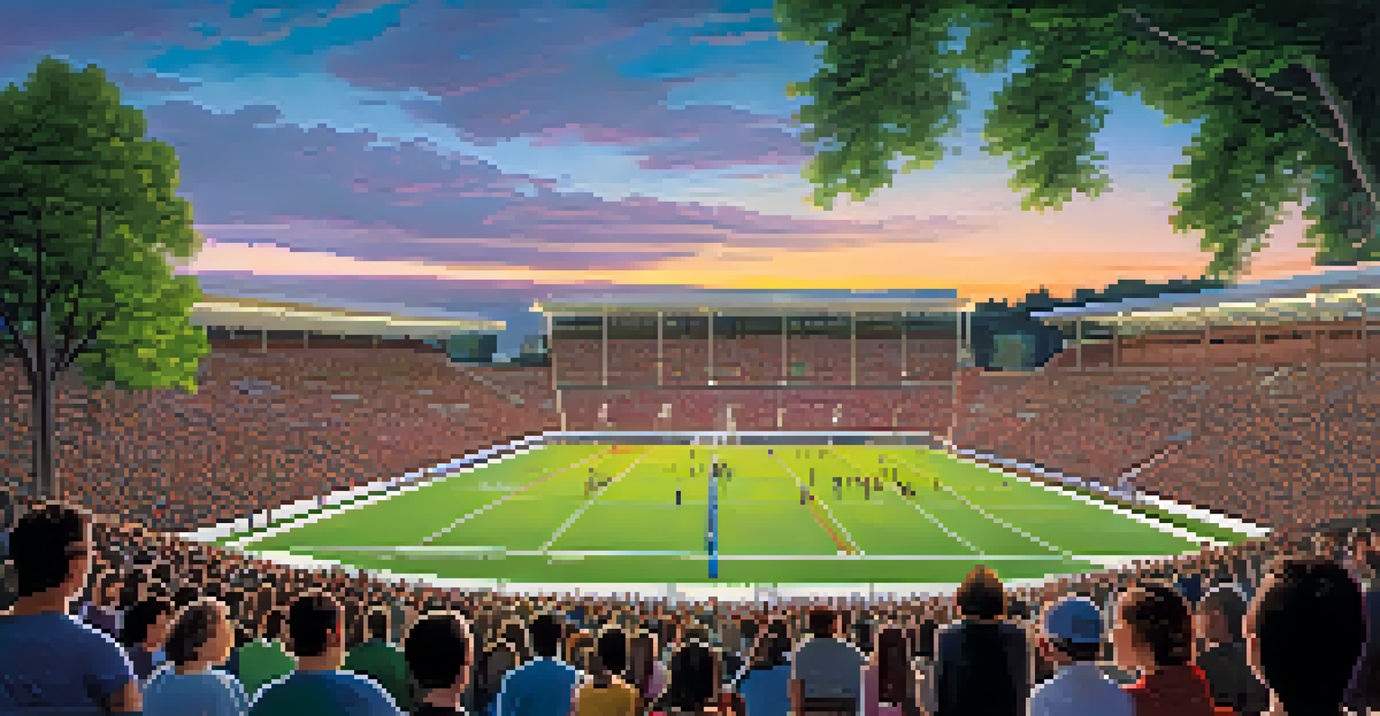 An evening view of Harvard Stadium illuminated for a concert, with a vibrant atmosphere and a gathering crowd under a twilight sky.