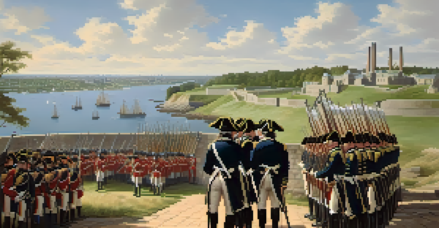 General George Washington overseeing soldiers fortifying Dorchester Heights, with Boston in the background under a bright blue sky.