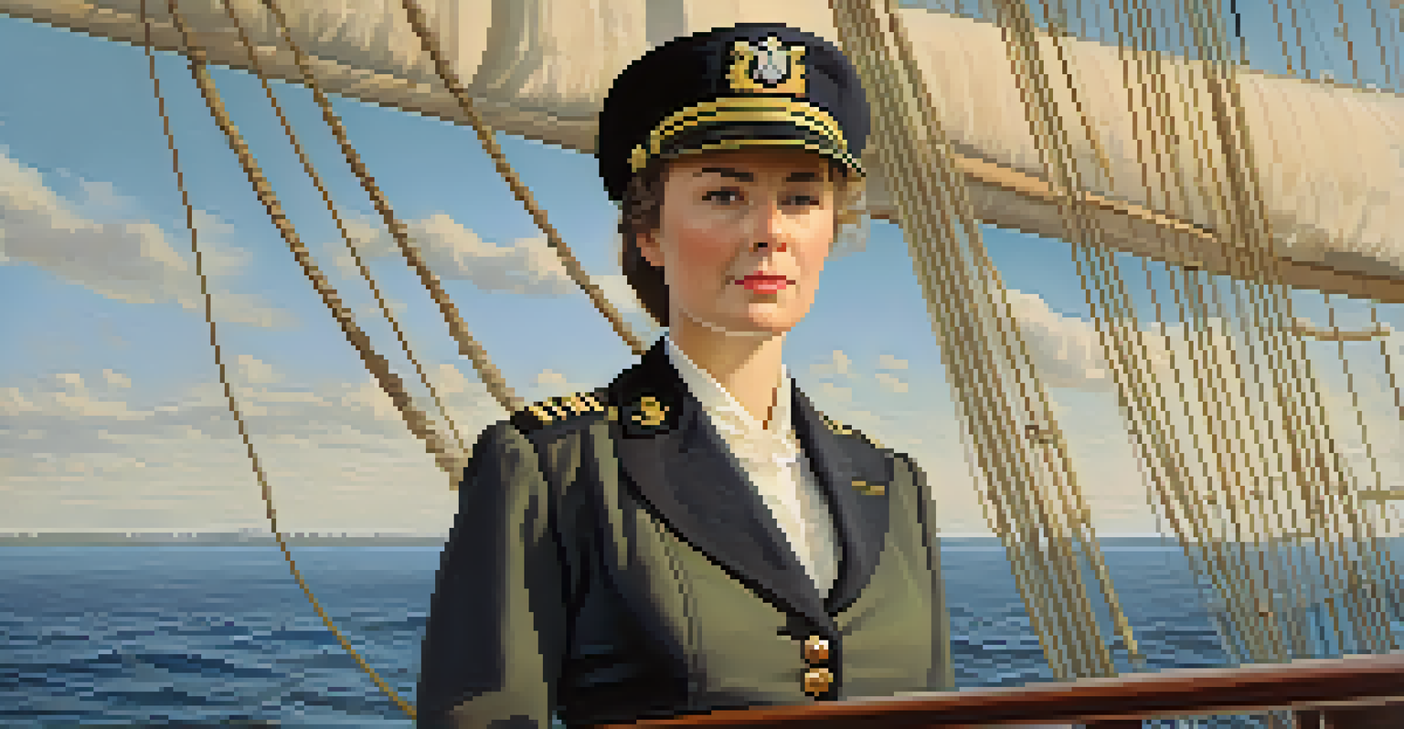 Captain Mary L. Smith stands confidently on her ship's deck, dressed in a vintage uniform, with a calm sea and clear sky behind her.