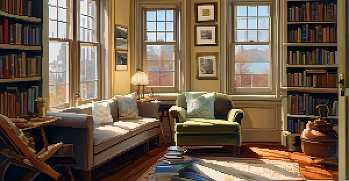 A cozy reading nook in a vintage apartment, filled with bookshelves and a comfortable armchair, illuminated by sunlight.