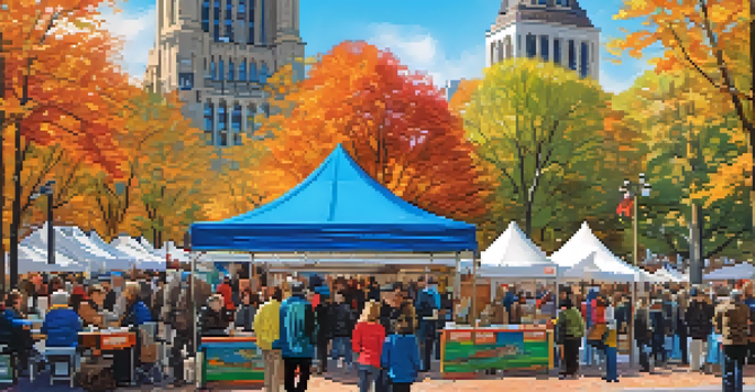 A lively outdoor book festival in Boston with colorful tents, people talking, and historic buildings in the background.